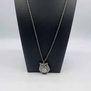 Owl Necklace Pendant Gunmetal Silver Tone Rhinestone Eyes Beaded Long Chain Bird